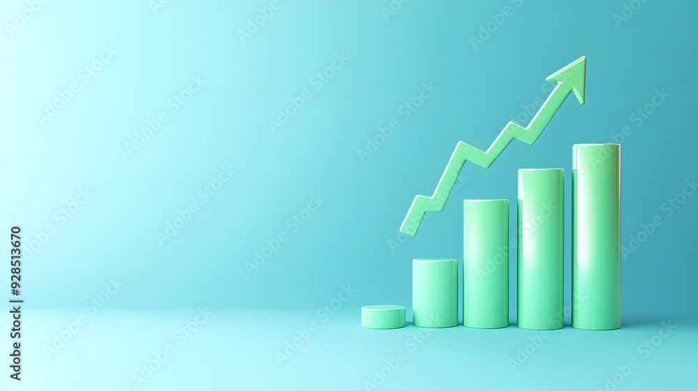Poster 3d rendering of green bar chart on blue background symbolizing business growth and success with upwa