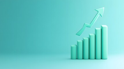3D rendering of an upward arrow and bar graph on a turquoise background symbolizing business growth and financial success.