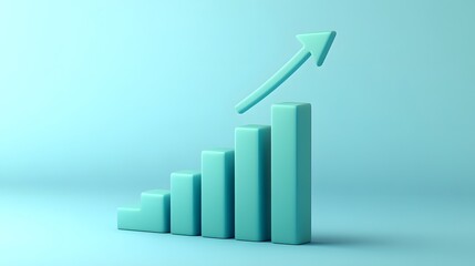 3D rendering of an upward arrow graph on a light blue background, symbolizing growth, progress, and positive business trend.