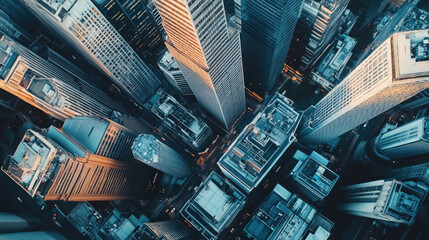 Collage of images in office, city skyline with skyscrapers reflecting blue sky