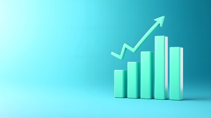 A 3D bar graph with an upward arrow depicting business growth, progress, and positive statistics on a light blue background.