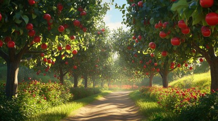 Fototapeta premium Lush Organic Apple Orchard with Ripe Apples - Vibrant 3D Illustration of Abundant Fruit Trees in a Sunny Garden