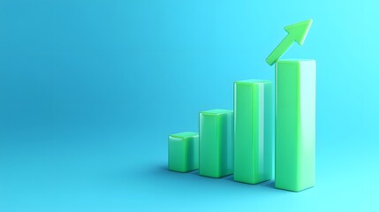 A 3D bar graph with an upward trend arrow, representing growth and success against a blue background. Perfect for business and finance concept.