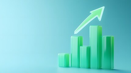 A 3D green bar chart with an upward trend arrow on a light blue background, symbolizing growth and success in business or finance.