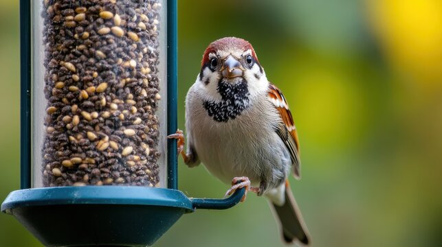 A close-up shot of a small, funny sparrow with fluffy feathers perched on a bird feeder, displaying a curious expression as it pecks at the seeds, with a vibrant natural background highlighting its