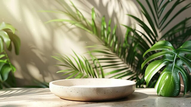 Empty space mockup podium geometric shape and green nature themed for product display