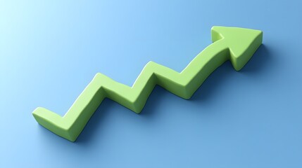 A 3D green zigzag arrow pointing upward on a blue background, representing growth, success, and positive progress.