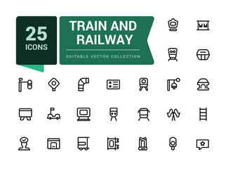 Set of train and railway icons. Collection and pack of linear web and UI icons. Editable stroke. Pixel perfect, minimalistic web and UI icon. Vector illustration.