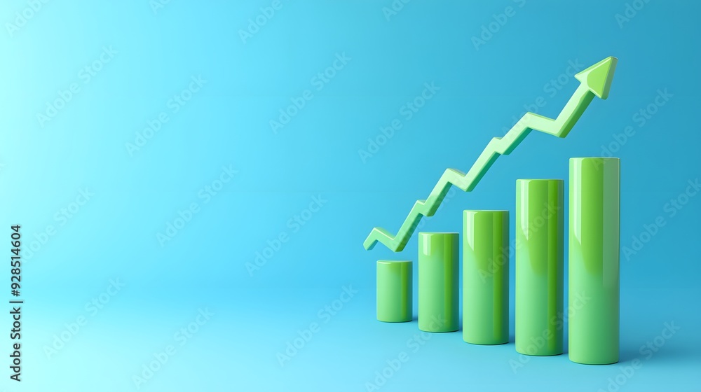 Poster a 3d rendering of a green bar graph on a blue background showing growth and upward trend with an arr