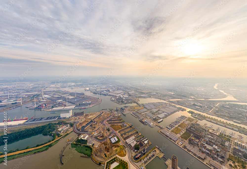 Wall mural antwerp, belgium. panorama of the city. river scheldt (escout). summer morning. aerial view