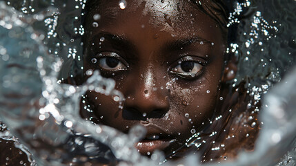 A face of a girl of African descent submerged in water with expressive eyes, surrounded by splashes and reflections
