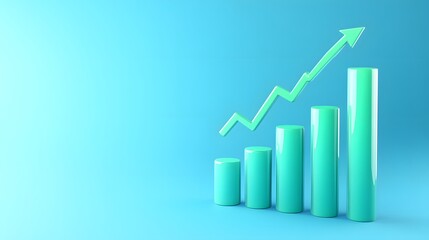 A 3D rendering of a green bar graph with an upward arrow on a blue background, symbolizing growth and success in business or finance.