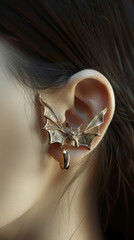 Obraz premium Close-up of an elegant gold bat ear cuff on a girl's ear. Halloween jewelry