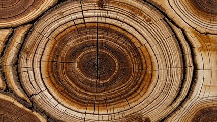 Fototapeta premium Close-up view of tree rings from a cut log, showing growth rings, cracks, and natural wood texture.