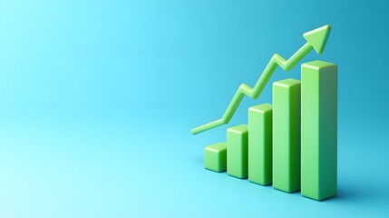 A green bar chart with an upward arrow on a blue background, symbolizing financial growth, business success, and positive trends.