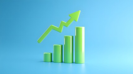 A green bar graph on a blue background depicting upward business growth, with a rising arrow indicating positive progress and success.
