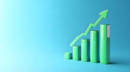 A green bar graph showing a positive trend with an ascending arrow, symbolizing business growth and success on a blue background.