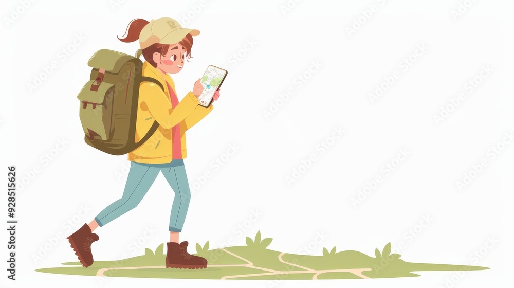 Poster cartoon vector person using a smartphone for gps navigation while walking