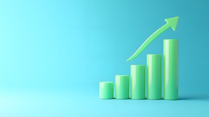 A green growth bar graph showing an upward trend with an arrow on a blue background, indicating success and progress in business or finance.