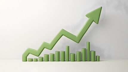 A green upward trending arrow on a bar graph, representing business growth, success, and financial performance on a white background.