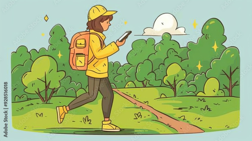 Poster cartoon vector person using a smartphone for gps navigation while walking