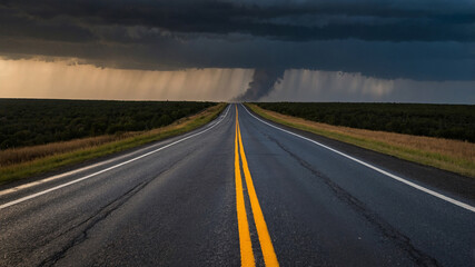 Naklejka premium Long road under dark stormy skies with light breaking through, fading into horizon.