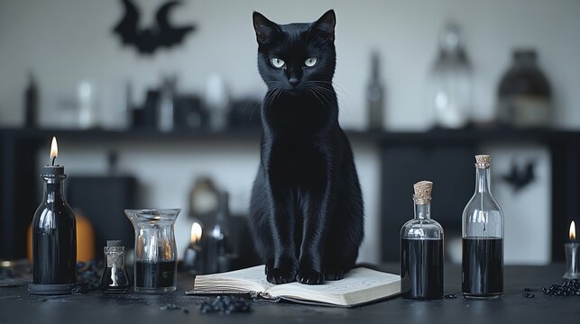 A mysterious black cat sits atop an open book, surrounded by potions and candles in a magical, enchanting setting.