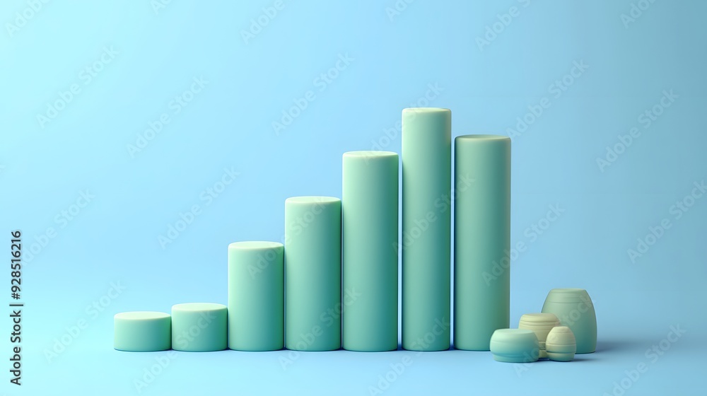 Poster abstract 3d bar chart with cylindrical shapes in gradient blue hues. concept for data visualization 