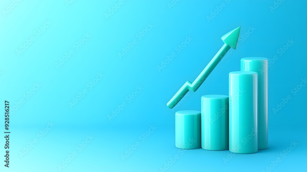 Poster abstract 3d bar chart with arrow representing growth and progress in business on a blue background.