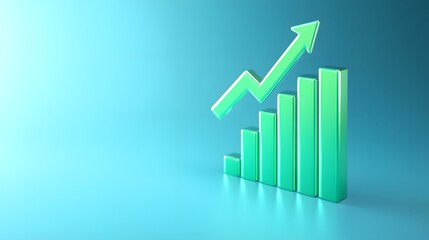 Abstract 3D illustration of a rising bar chart with an upward arrow, representing business growth and financial success on a blue background.