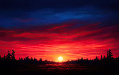 Fototapeta premium A vibrant sunset paints the sky with hues of red and blue over a silhouette of evergreen trees, creating a tranquil landscape.