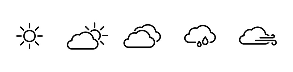 Weather Linear Icons. Weather forecast. Meteorological symbols. Suny, cloudy, rainy, thunderstorm, windy, snow etc. Vector web icons.