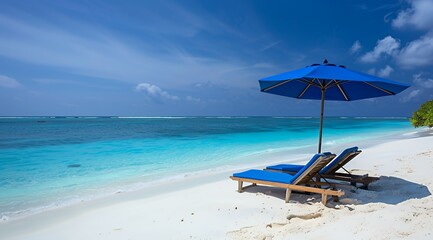 Two lounge chairs under a blue beach umbrella on a white sandy beach with clear blue water.