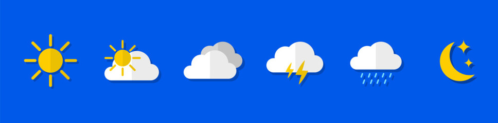 Weather icon set. Weather icons for web. Forecast weather flat symbols. Pictogram vector icons.