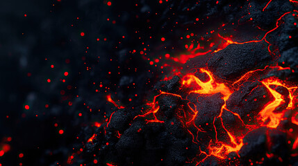 Close-up of glowing lava flow with vivid red-orange hues and dark volcanic rock in a dramatic display of nature's fury.