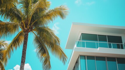 Modern beachfront house with palm trees under a clear blue sky