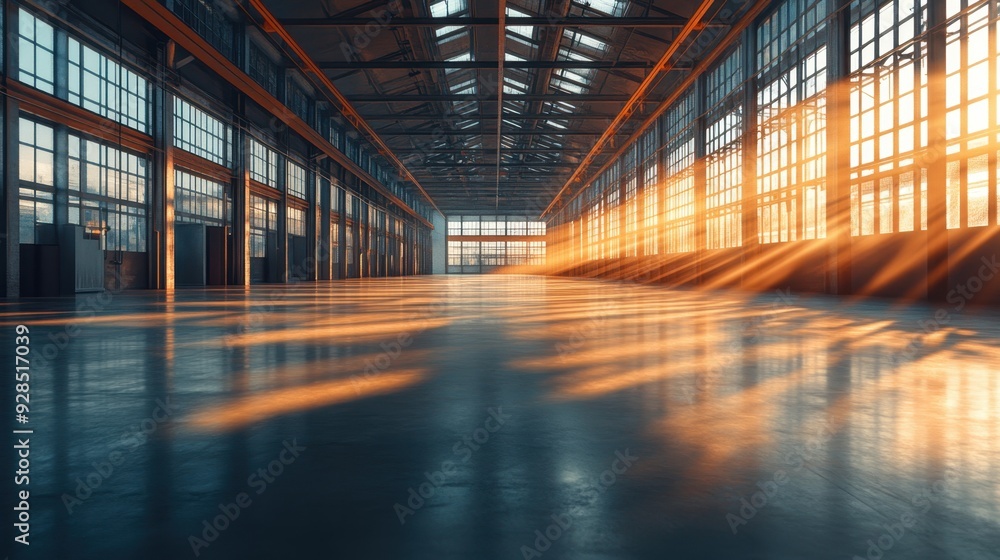 Poster efficiency in motion: minimalist industrial setting with dynamic light rays in earth tones