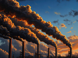 Industrial smokestacks release thick clouds of smoke against a vibrant sunset sky, depicting the impact of pollution on the environment.
