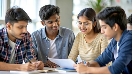 An Indian teenager collaborating with peers in a study group setting.
