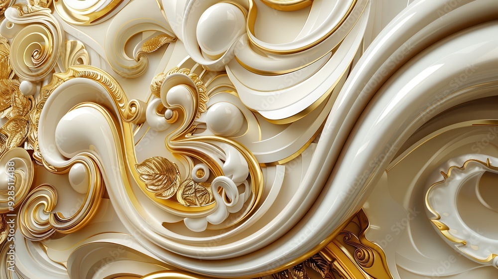 Poster elegant and intricate design featuring flowing patterns in gold and white, perfect for backgrounds o