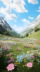 Fototapeta premium A mockup of a photo op backdrop depicting a sunny Utah mountain landscape made of florals and biophilia, with a grassy floor in front.