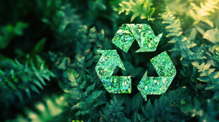 Shiny green recycle symbol on eco-friendly background