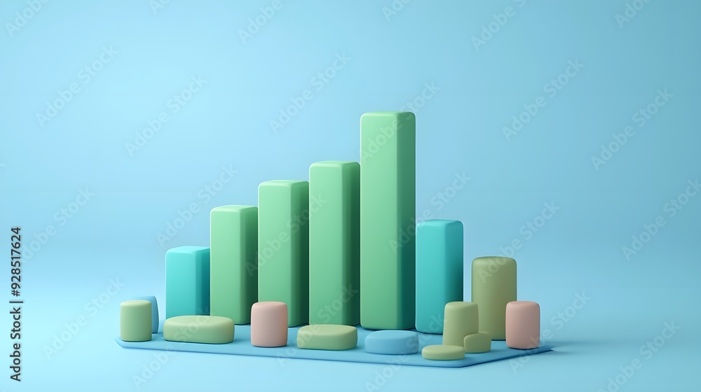 Poster colorful 3d bar chart and pie chart on a light blue background representing data analysis and busine