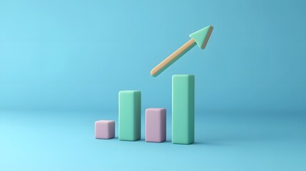 Colorful bar graph with an upward arrow on a blue background symbolizing business growth, success, and financial improvement in a 3D illustration.