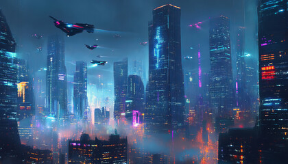 
llustrate a high-tech cityscape with towering skyscrapers and flying vehicles. The skyline is illuminated by neon lights in vibrant colors, with a dark sky overhead. The buildings have sleek, futuris