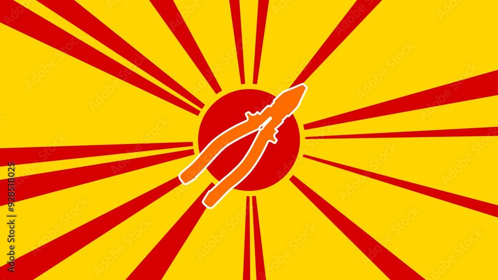 Poster pliers symbol on the background of animation from moving rays of the sun. large orange symbol increa