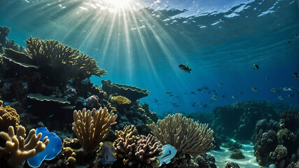 Underwater scene with vibrant coral formations and various species of fish swimming in clear blue water.