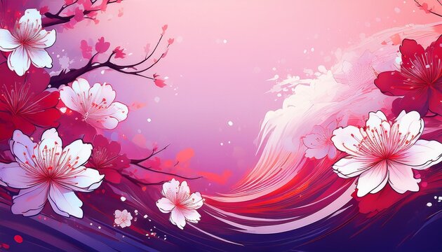 Manga-style red and white cherry blossoms swirling in a purple-pink wind, with space for text.