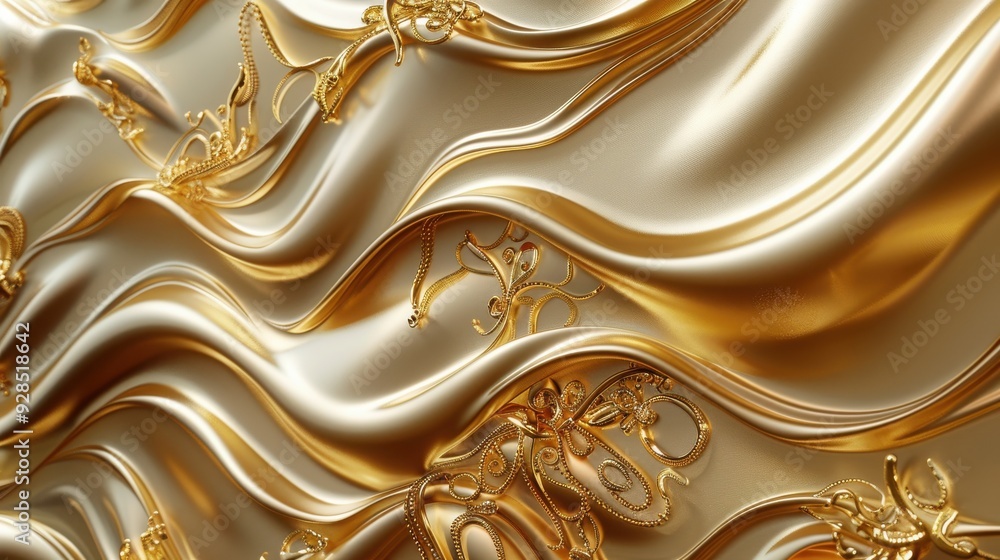 Poster elegant golden fabric with intricate patterns and waves, adding a luxurious touch to any decor or de