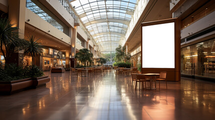 Tall White board with modern frame on the right of a Shopping mall walk with empty tables and day light from glass roof and without people